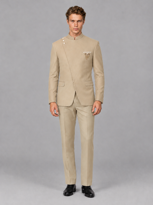 Savile Men's Champagne Mandarin Collar Asymmetrical 2-Piece Suit Set – Modern Jacket & Trousers - Champagne - Champagne_2
