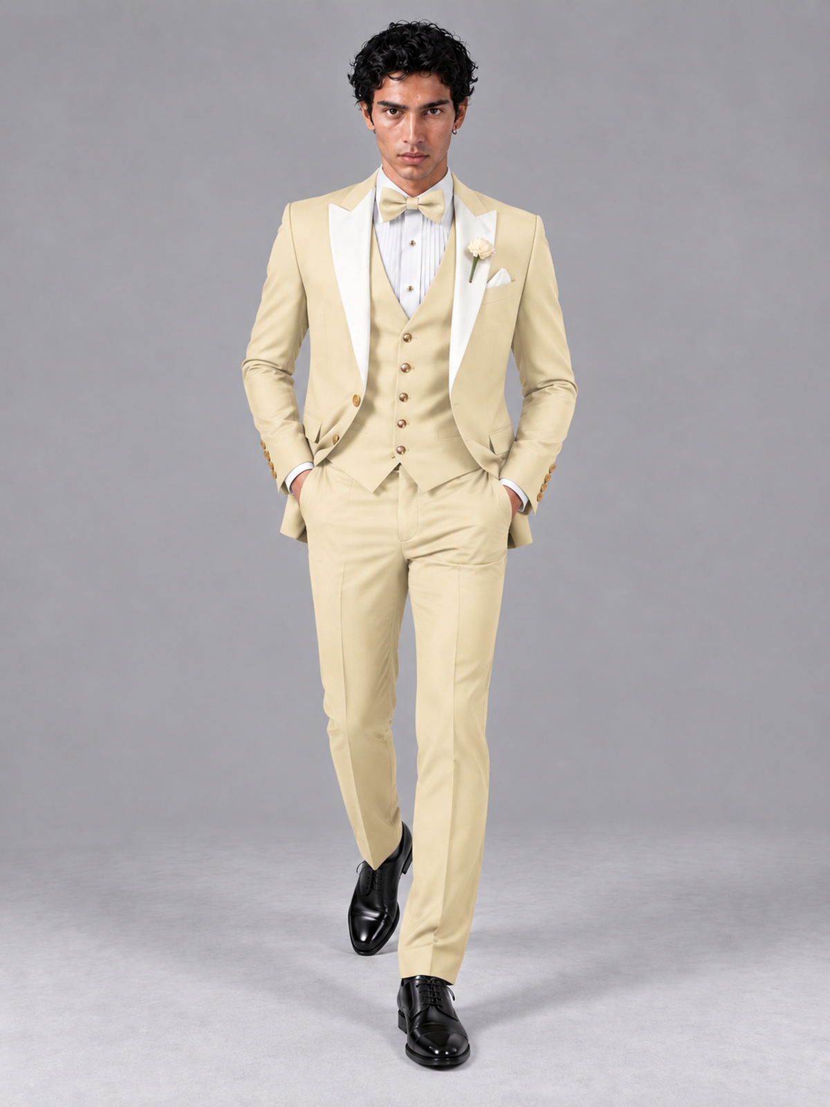 Savile Men's Champagne Contrast White Peak Lapel 3-Piece Tuxedo Suit - Champagne