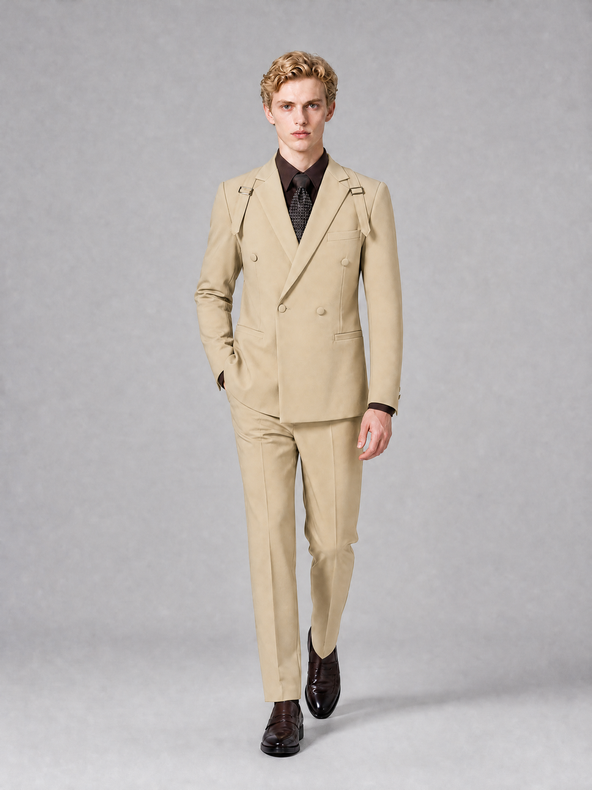 Men's Light Champagne Double-Breasted Slim Fit 2-Piece Suit – Peak Lapel Wedding & Business Formal Set - Champagne - Champagne_4