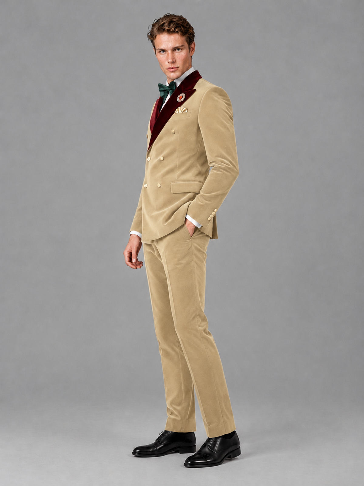 Savile Men's Champagne Velvet Double-Breasted 2-Piece Tuxedo Suit with Burgundy Peak Lapel - Champagne