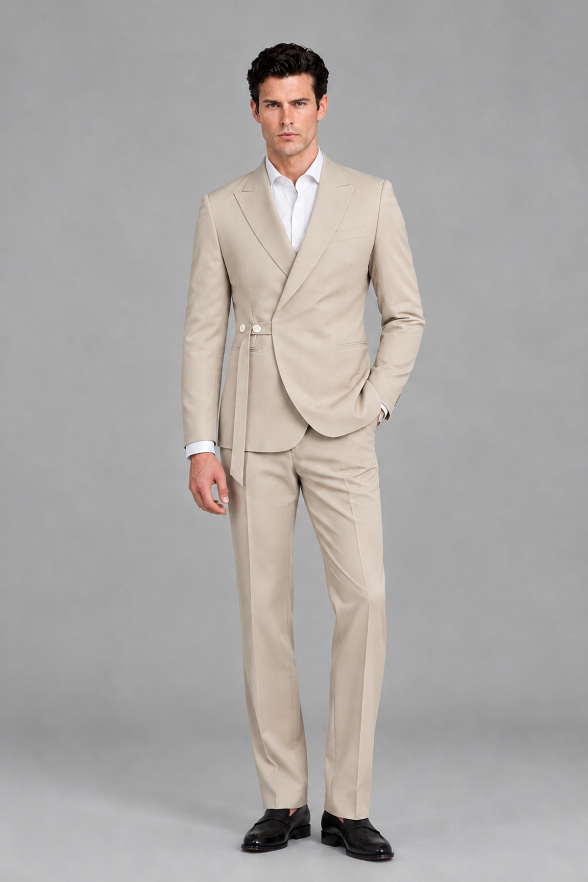 Savile Men's Modern Champagne 2-Piece Wrap Suit Set – Peak Lapel Side-Button Blazer & Tailored Trousers - Champagne - Champagne_5