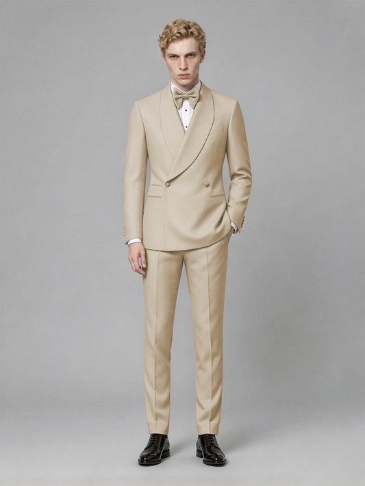 Men's Champagne Single-Button Champagne Satin Shawl Lapel Tuxedo Suit Set | Blazer & Trousers - Champagne