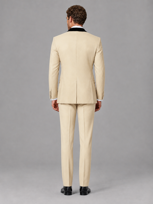 Savile Men's Champagne Velvet Shawl Lapel Tuxedo Suit – Modern Side-Buckle Dinner Jacket & Trousers 2-Piece Set - Champagne