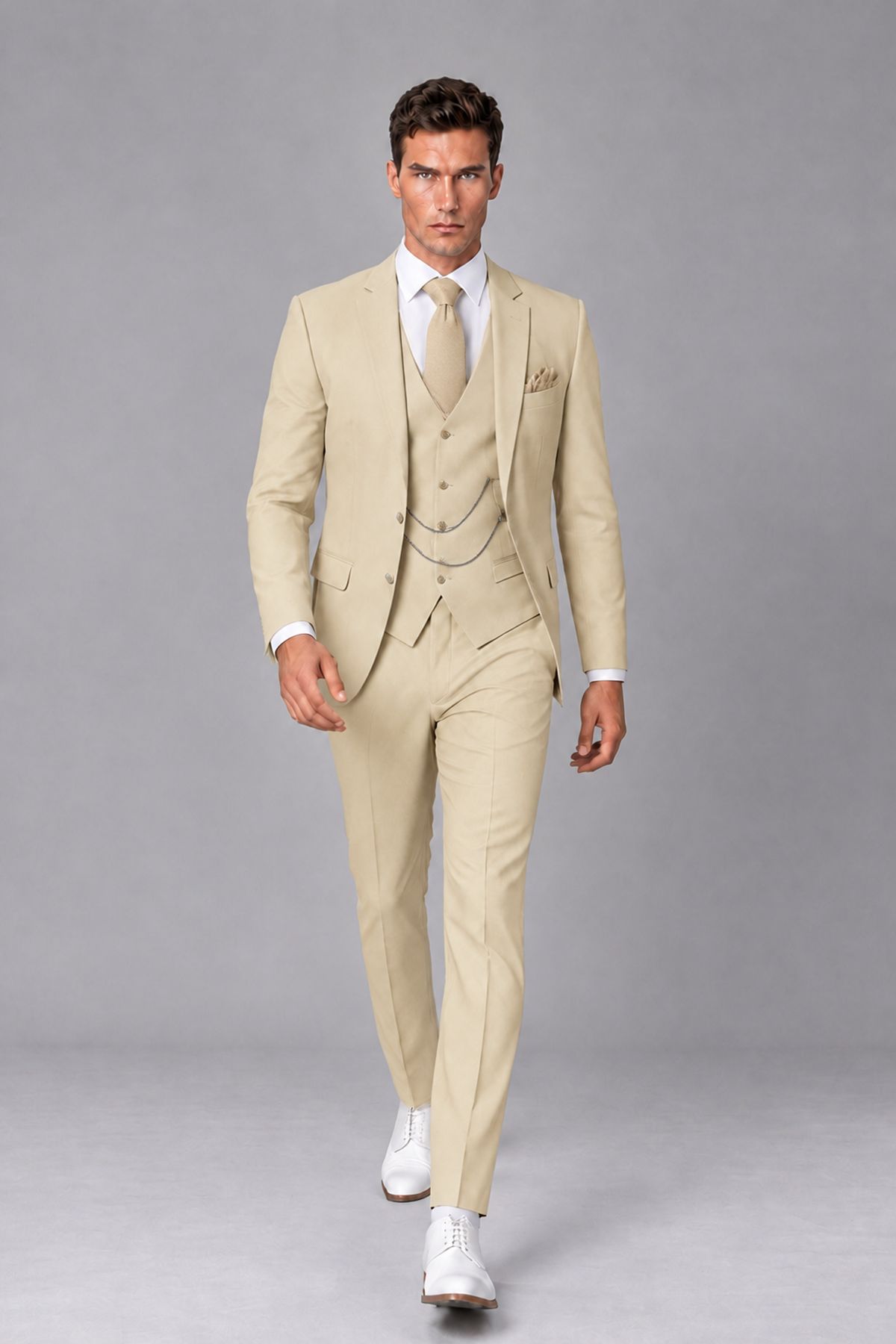 Savile Champagne 3-Piece Suit with Notch Lapel & Chain Vest - Champagne