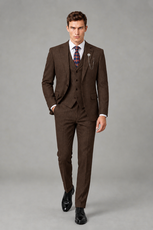 Savile Men's Grey Notch Lapel 3-Piece Suit Set | Jacket, Vest & Trousers - Chocolate - Chocolate