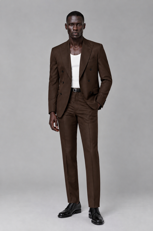Savile Men's Chocolate Double Breasted Slim Fit 2-Piece Suit Set – Blazer & Trousers | Wedding Gala Formal - Chocolate - Chocolate_02