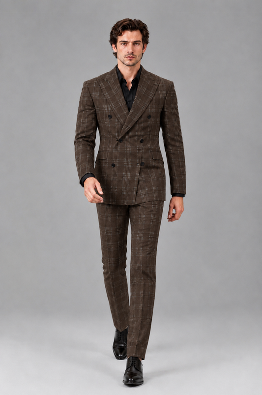 Savile Men's Rust Plaid 2-Piece Double-Breasted Suit – Peak Lapel Slim-Fit Jacket & Trousers Set - Chocolate - Chocolate