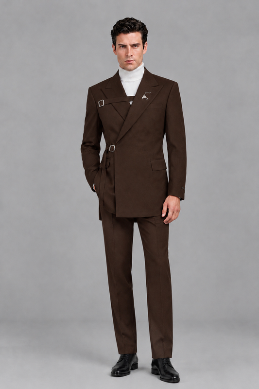 Savile Men's Chocolate Double Buckle Wrap Belted 2-Piece Suit Set – Peak Lapel Slim-Fit Jacket & Trousers - Chocolate - Chocolate_2