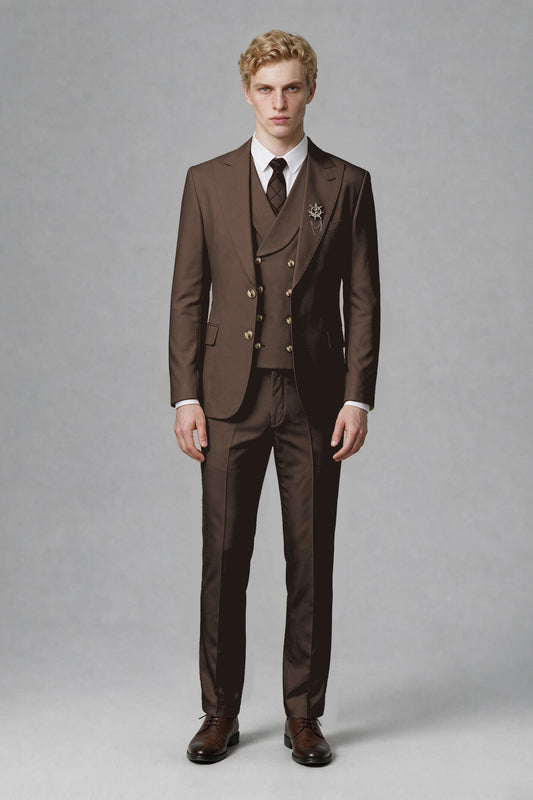 Savile Men's Chocolate Three-Piece Wedding Suit with Double-Breasted Waistcoat - Chocolate