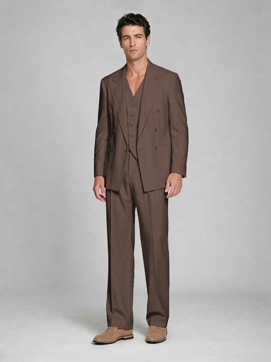 Men's Chocolate Double-Breasted 2-Piece Suit – Peak Lapel Wedding & Beach Formal Set with Vest - Chocolate