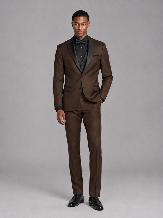 Savile Men's Chocolate Contrast Shawl Lapel Tuxedo Suit – 3-Piece Wedding, Prom & Black-Tie Formal Set - Chocolate - Chocolate_2