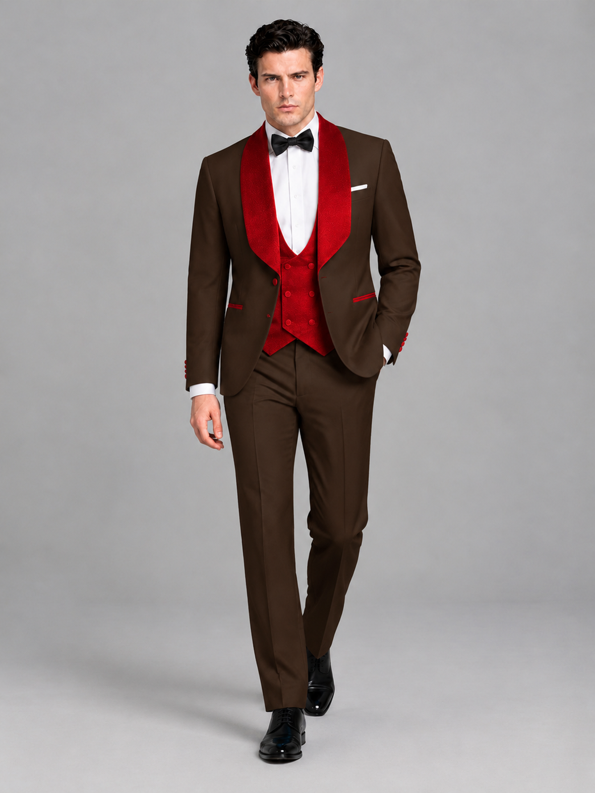 Savile Men's Chocolate 3-Piece Tuxedo Suit Set – Contrast Red Shawl Lapel Blazer, Red Waistcoat & Trousers - SUC020 - Chocolate