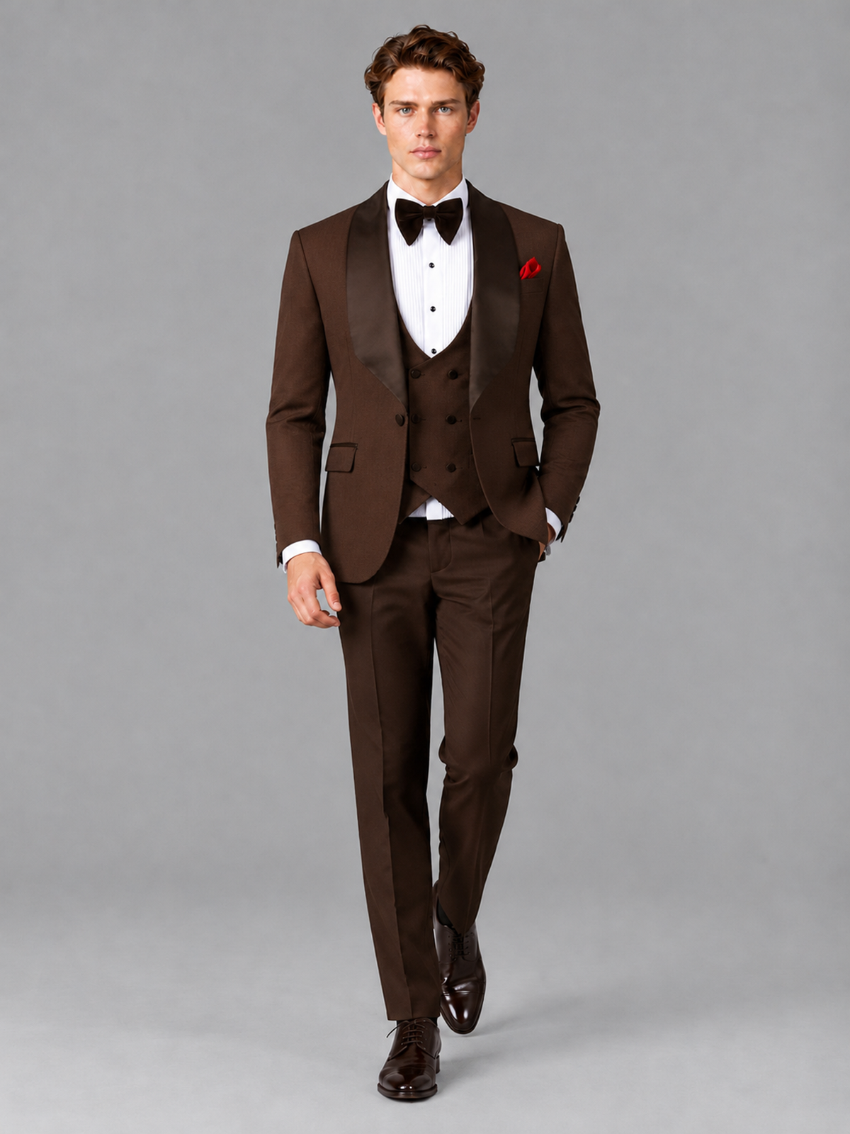 Savile Men's Chocolate Houndstooth Shawl Lapel 3-Piece Tuxedo Suit Set – Jacket, Vest & Trousers - Chocolate