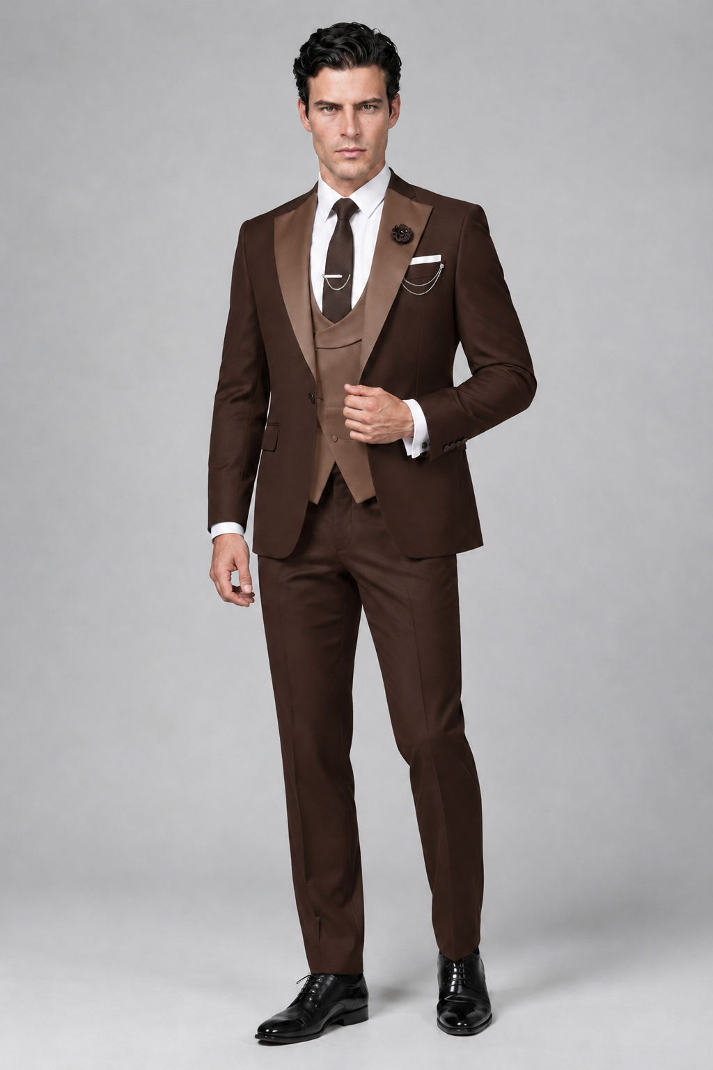 Savile Men's Chocolate 3-Piece Tuxedo Suit – Contrast Silver Peak Lapel & Grey Vest Formal Set - Chocolate - Chocolate_4