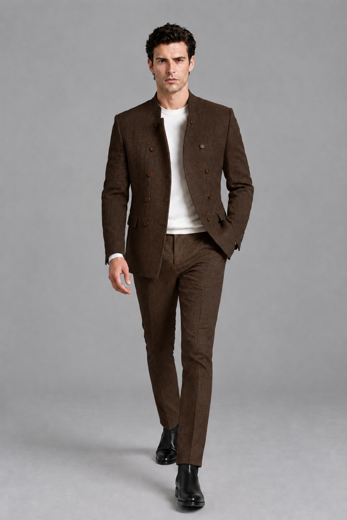 Savile Men's Chocolate Stand Collar Double Breasted Slim Fit 2-Piece Suit Set – Jacket & Trousers | Wedding Gala Formal - Chocolate