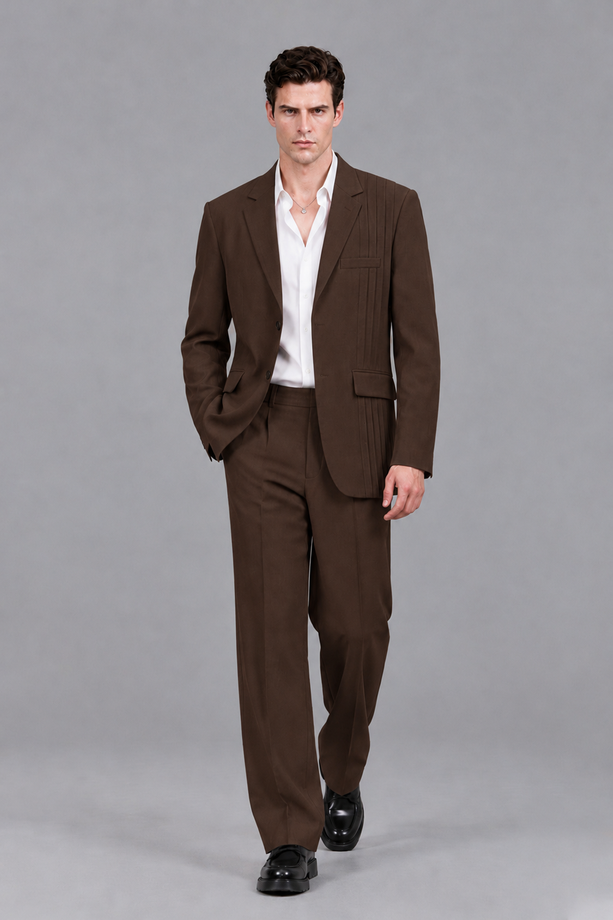Savile Men's Chocolate Pleated 2-Piece Suit Set | Notch Lapel Blazer & Tailored Trousers - Chocolate - Chocolate_5