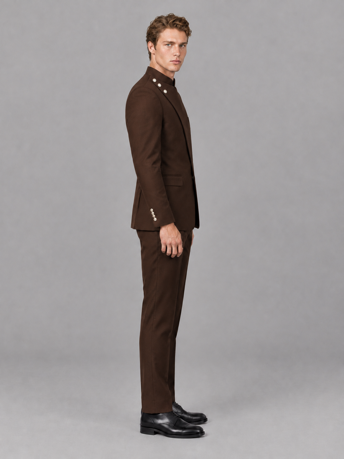 Savile Men's Chocolate Mandarin Collar Asymmetrical 2-Piece Suit Set – Modern Jacket & Trousers - Chocolate - Chocolate_5