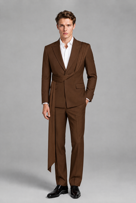 Men's Chocolate Draped Sash Suit – Peak Lapel 2-Piece Slim Fit Party, Gala & Wedding Set - Chocolate