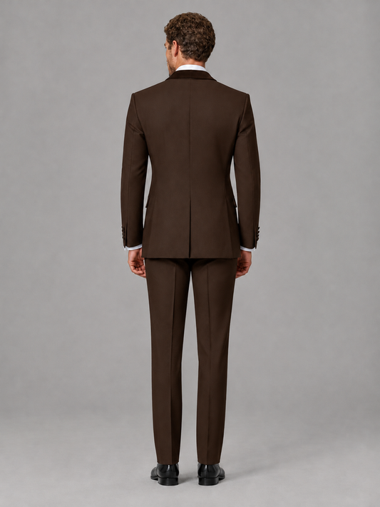 Savile Men's Chocolate Velvet Shawl Lapel Tuxedo Suit – Modern Side-Buckle Dinner Jacket & Trousers 2-Piece Set - Chocolate