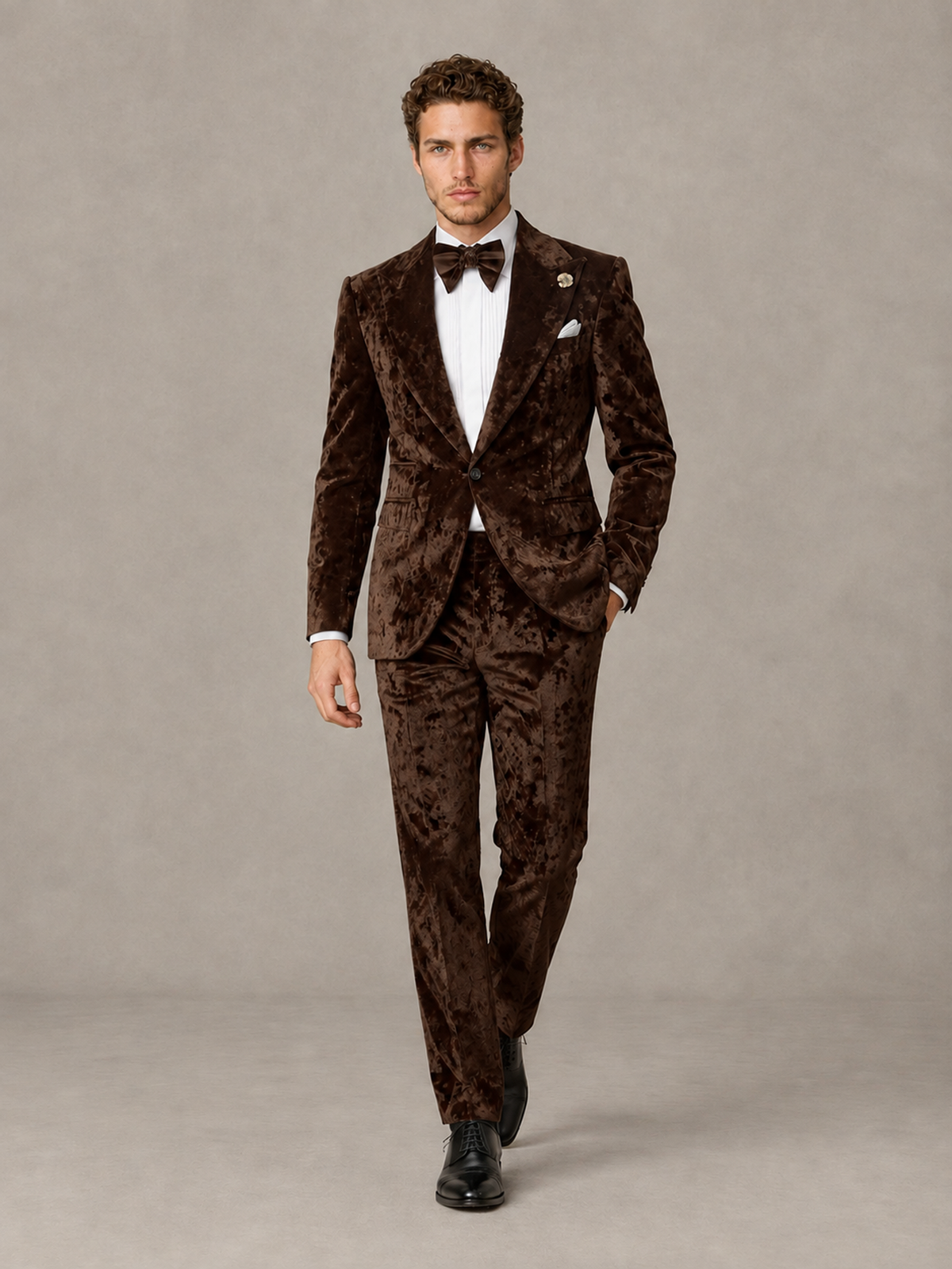 Savile Men's Chocolate Crushed Velvet Peak Lapel 2-Piece Suit Set | Jacket & Trousers - Chocolate - Chocolate (4)