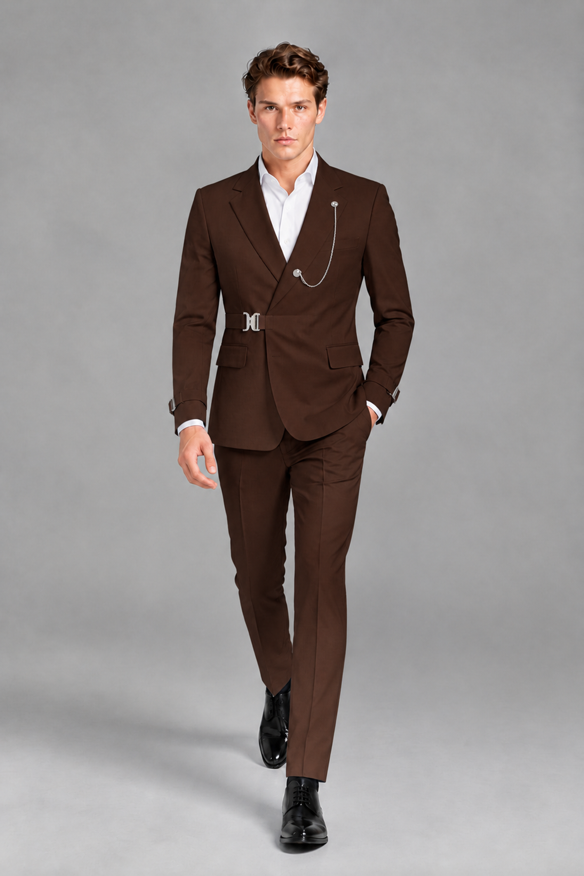 Savile Men's Chocolate Buckle-Closure 2-Piece Suit Set | Peak Lapel Blazer & Trousers - Chocolate