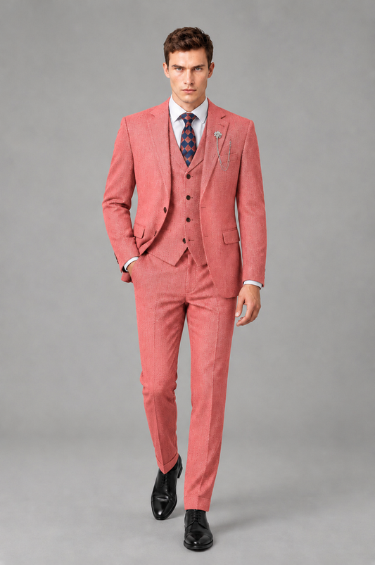 Savile Men's Grey Notch Lapel 3-Piece Suit Set | Jacket, Vest & Trousers - Coral - Coral
