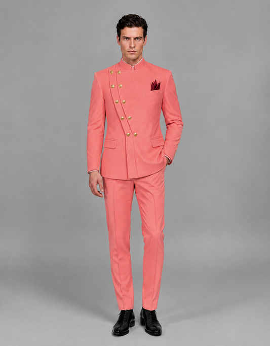 BOLODOO Men's Coral Asymmetrical Mandarin Collar Tuxedo Suit – Modern 2-Piece Gold Button Wedding, Prom & Gala Set - Coral - Coral_02