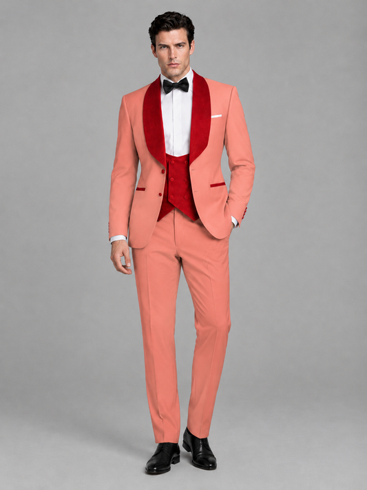 Savile Men's Coral 3-Piece Tuxedo Suit Set – Contrast Red Shawl Lapel Blazer, Red Waistcoat & Trousers - SUC020 - Coral