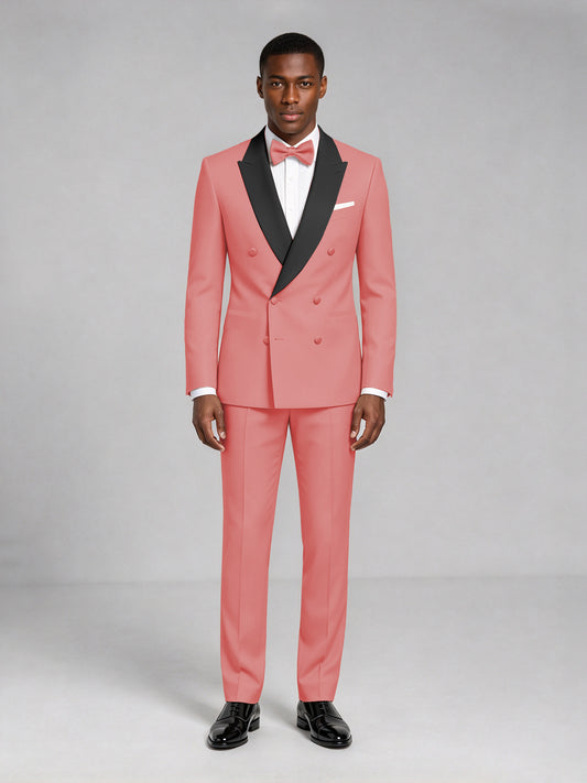 Men's Coral Double-Breasted Tuxedo Suit – Satin Shawl Lapel Coral-Tie Wedding & Gala 2-Piece Set - Coral