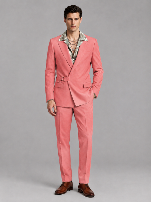 Savile Men's Coral Belted Wrap 2-Piece Suit – Peak Lapel Blazer & Tailored Trousers - SUC060 - Coral - Coral_2