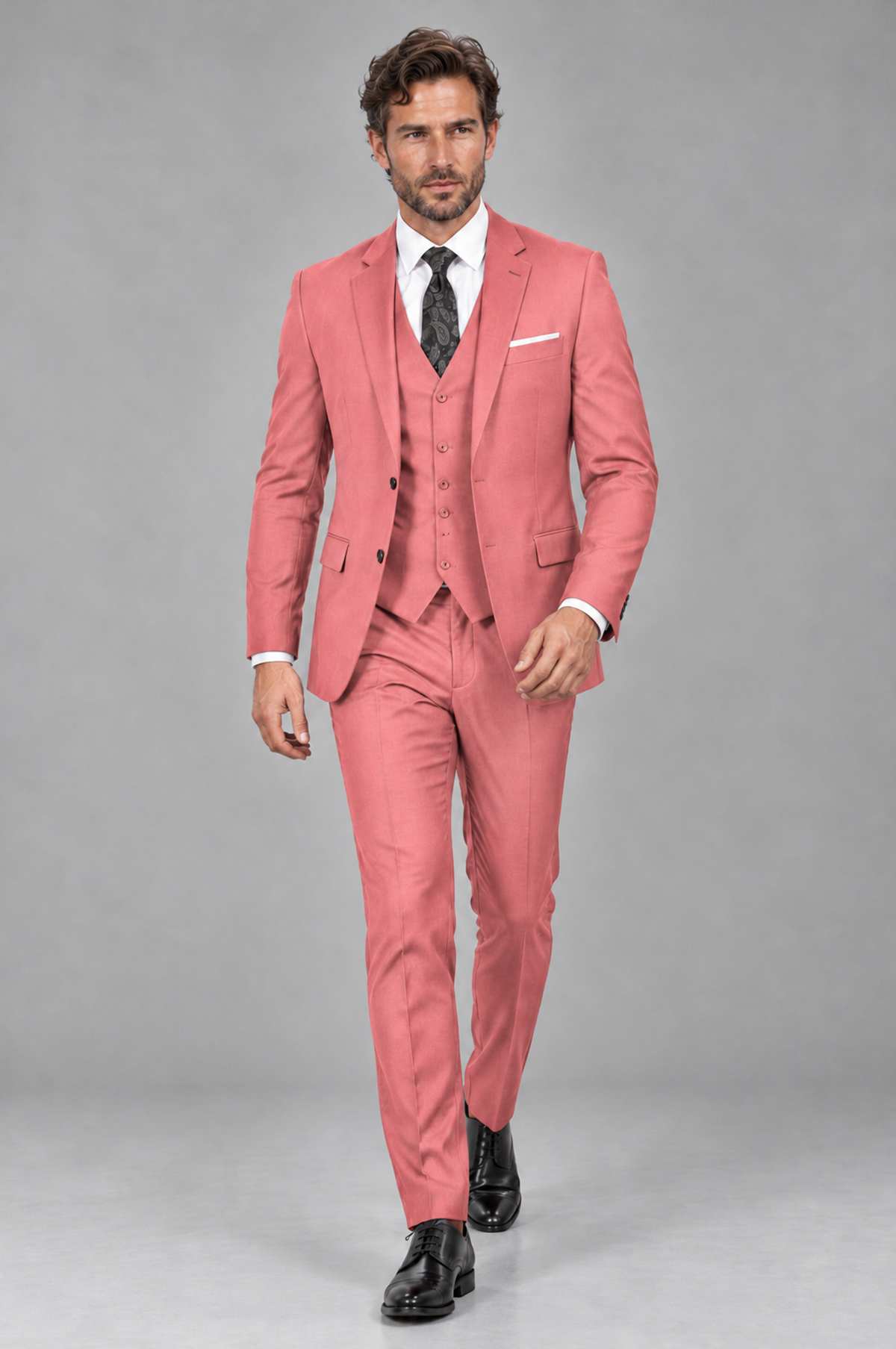 Savile Men's Coral 3-Piece Suit Set – Notch Lapel Blazer, Vest & Trousers - Coral - Coral_4