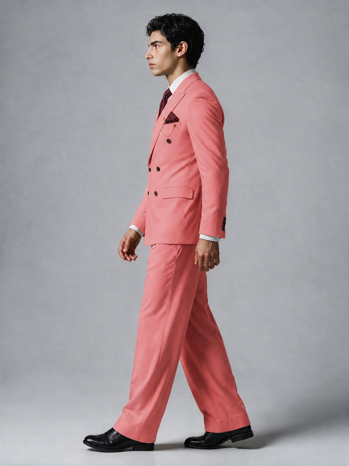 Savile Men's Coral Double-Breasted 2-Piece Suit Set – Peak Lapel Blazer & Pleated Wide-Leg Trousers - Coral - Coral_4