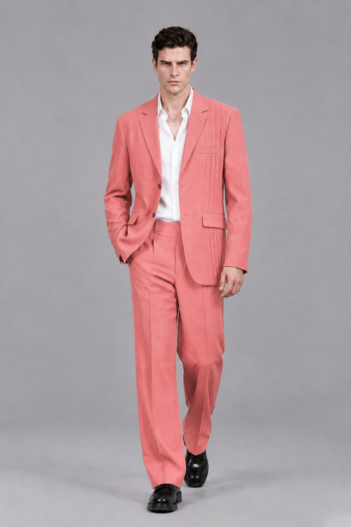 Savile Men's Coral Pleated 2-Piece Suit Set | Notch Lapel Blazer & Tailored Trousers - Coral - Coral_5