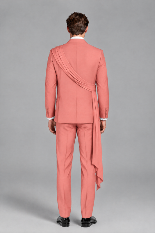 Men's Coral Draped Sash Suit – Peak Lapel 2-Piece Slim Fit Party, Gala & Wedding Set - Coral