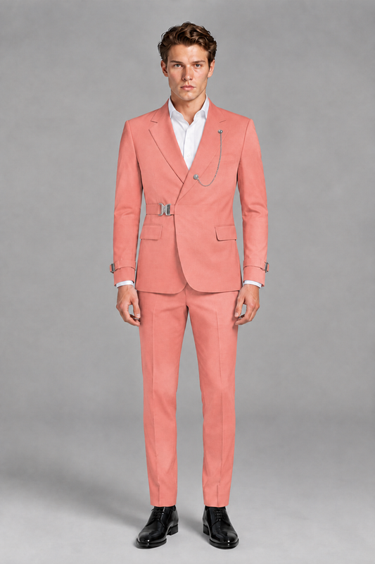 Savile Men's Coral Buckle-Closure 2-Piece Suit Set | Peak Lapel Blazer & Trousers - Coral