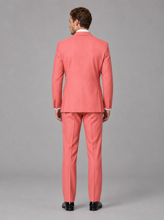 Savile Men's Coral Peak Lapel 3-Piece Tuxedo Suit | Jacket, Vest & Trousers - Coral