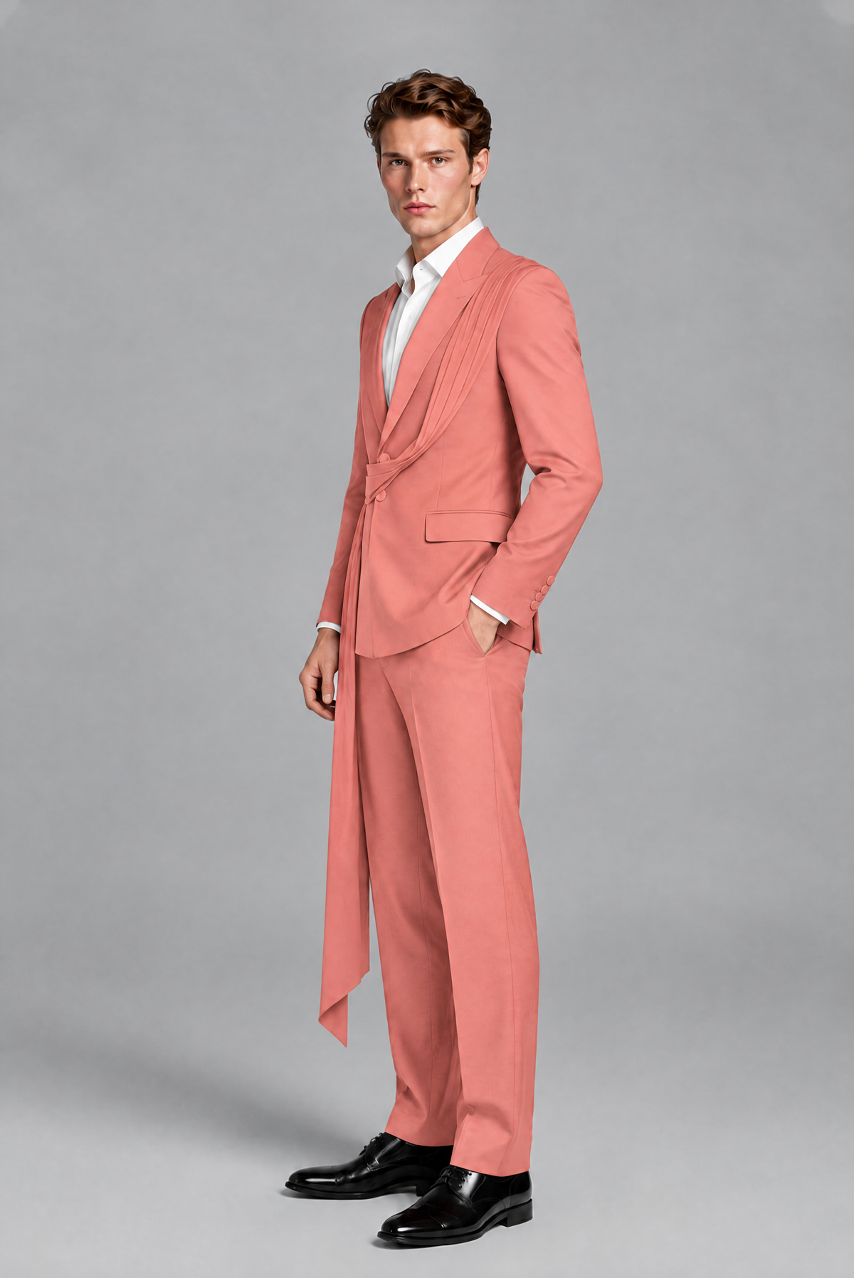 Men's Coral Draped Sash Suit – Peak Lapel 2-Piece Slim Fit Party, Gala & Wedding Set - Coral