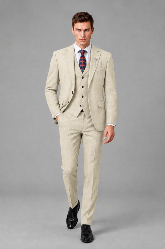 Savile Men's Grey Notch Lapel 3-Piece Suit Set | Jacket, Vest & Trousers - Cream - Cream