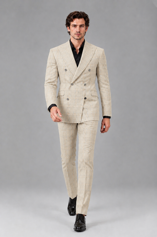 Savile Men's Rust Plaid 2-Piece Double-Breasted Suit – Peak Lapel Slim-Fit Jacket & Trousers Set - Cream - Cream