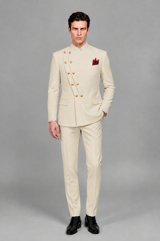 BOLODOO Men's Cream Asymmetrical Mandarin Collar Tuxedo Suit – Modern 2-Piece Gold Button Wedding, Prom & Gala Set - Cream - Cream_02