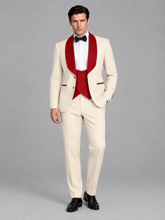 Savile Men's Cream 3-Piece Tuxedo Suit Set – Contrast Red Shawl Lapel Blazer, Red Waistcoat & Trousers - SUC020 - Cream