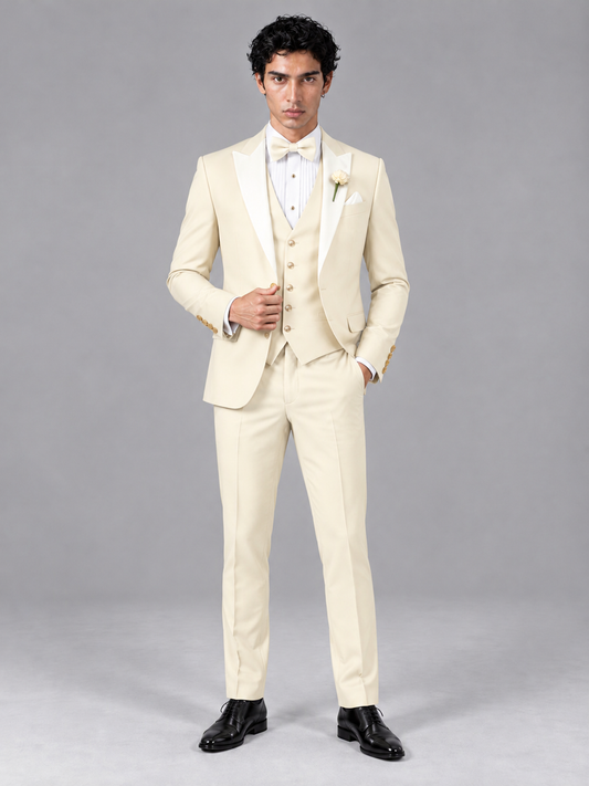 Savile Men's Cream Contrast White Peak Lapel 3-Piece Tuxedo Suit - Cream