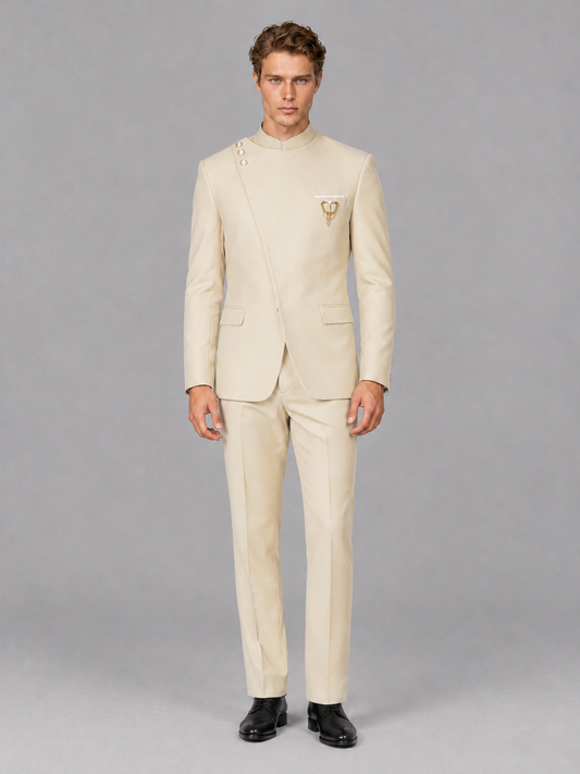 Savile Men's Cream Mandarin Collar Asymmetrical 2-Piece Suit Set – Modern Jacket & Trousers - Cream - Cream_2