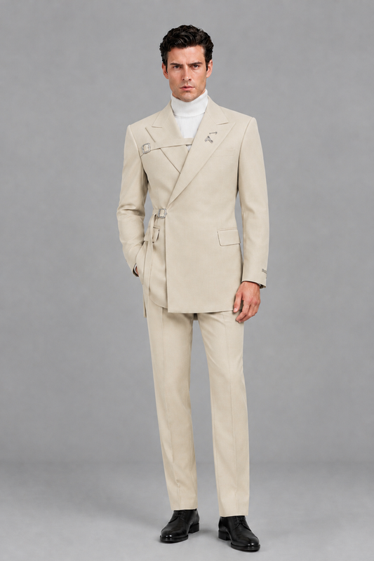 Savile Men's Cream Double Buckle Wrap Belted 2-Piece Suit Set – Peak Lapel Slim-Fit Jacket & Trousers - Cream - Cream_2