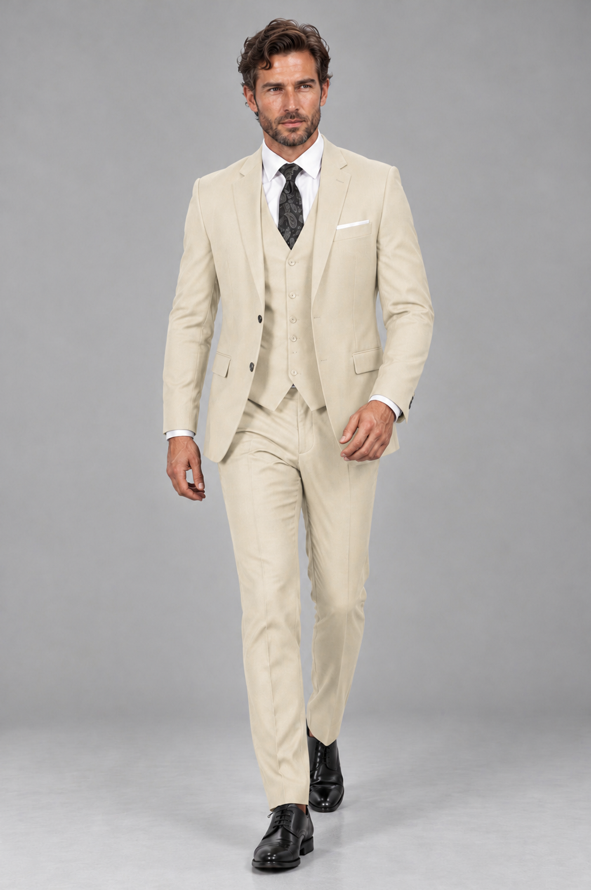 Savile Men's Cream 3-Piece Suit Set – Notch Lapel Blazer, Vest & Trousers - Cream - Cream_4