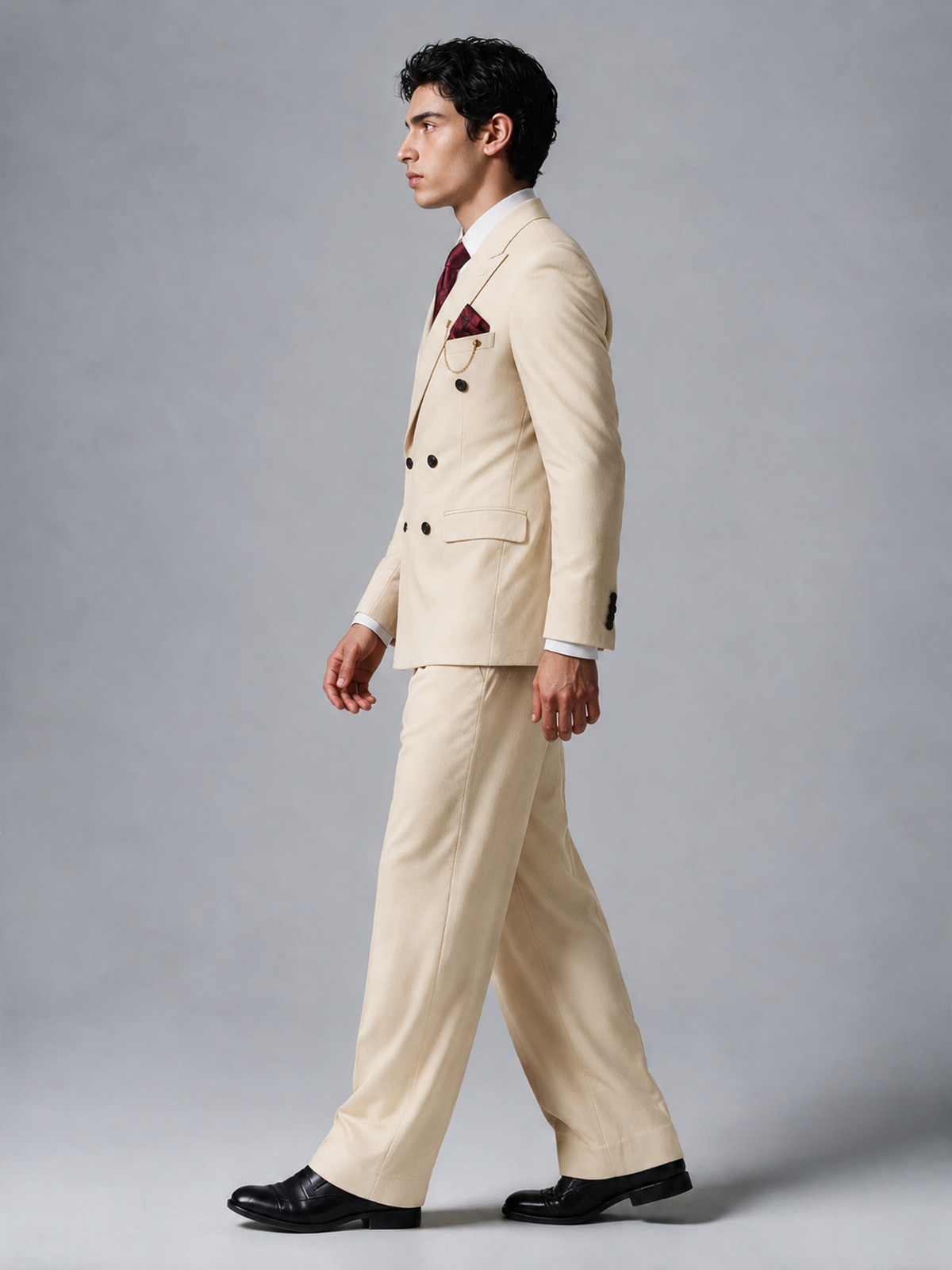 Savile Men's Cream Double-Breasted 2-Piece Suit Set – Peak Lapel Blazer & Pleated Wide-Leg Trousers - Cream - Cream_4