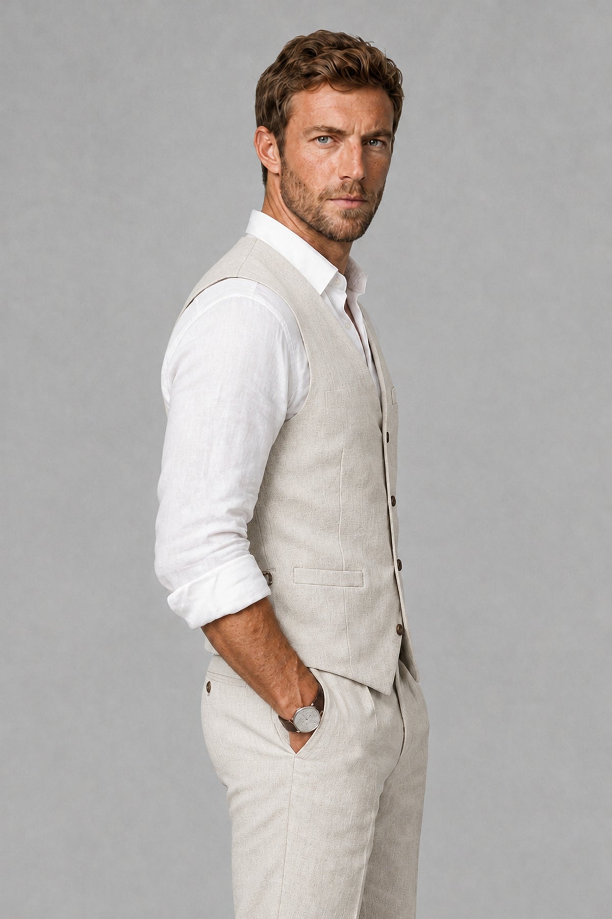 Men's Cream Linen Blend Single-Breasted V-Neck Suit Vest | Savile QX0101 - Cream