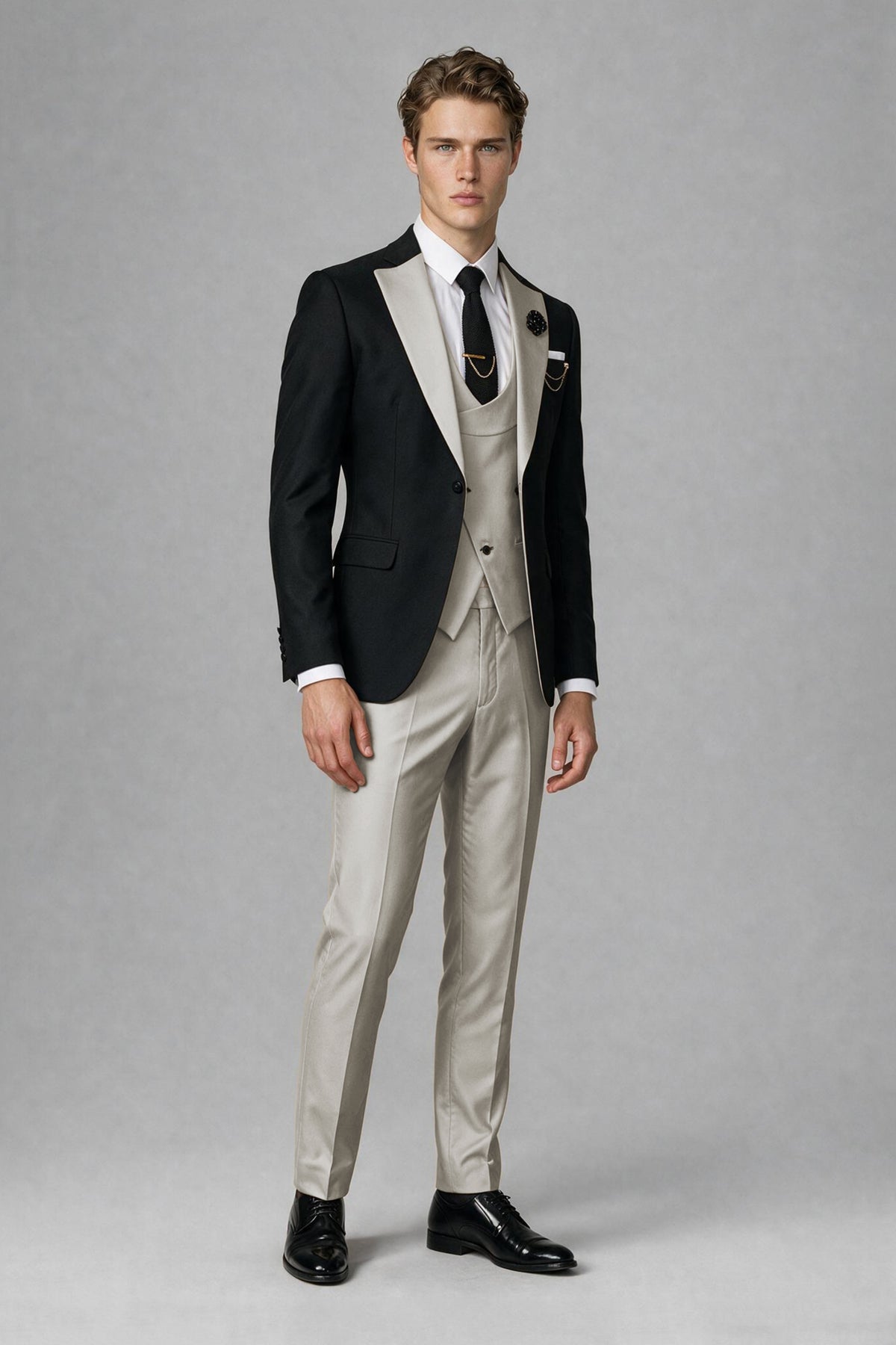 Savile Men's Black & Cream Three-Piece Wedding Suit - Cream
