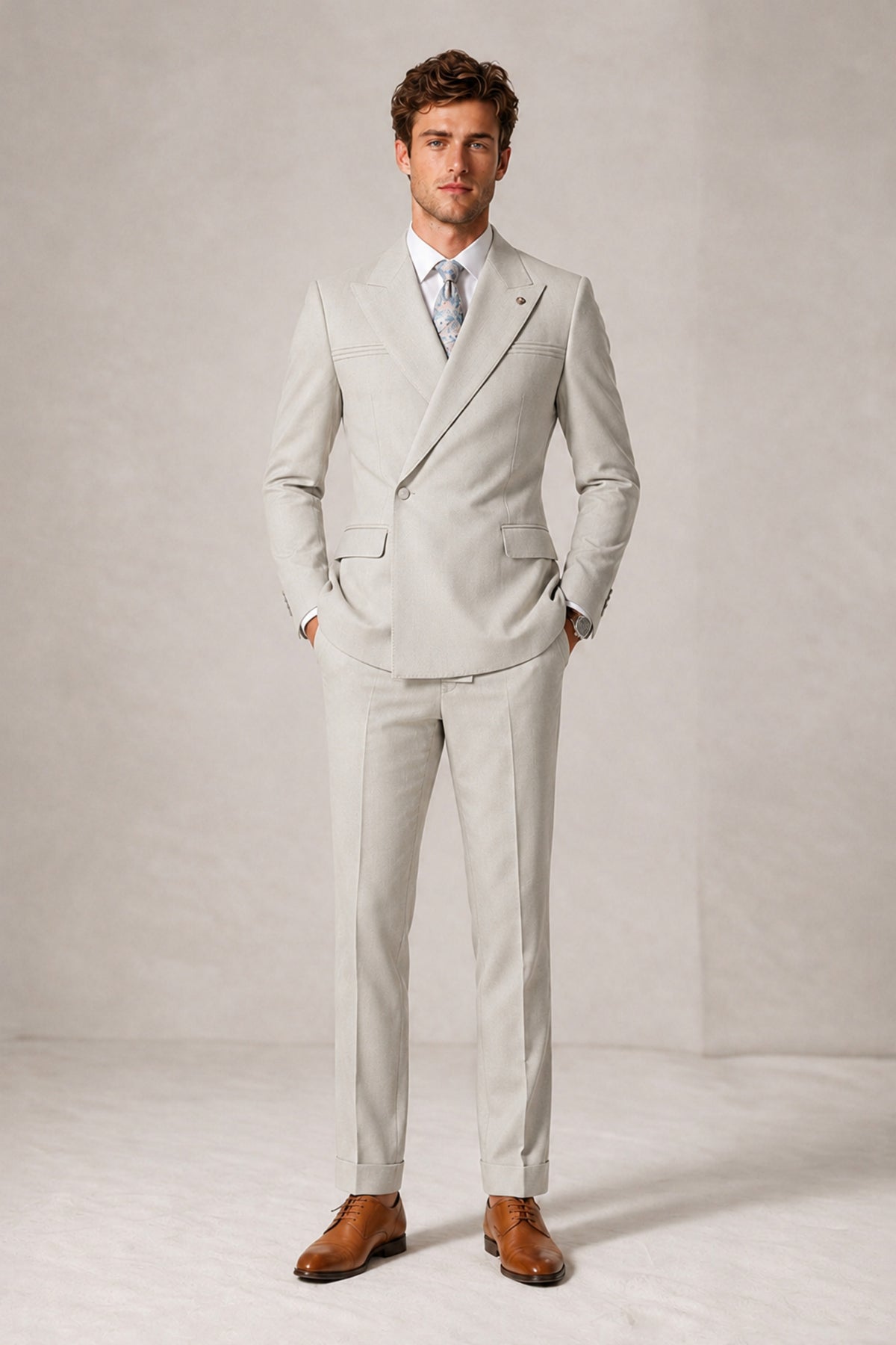 Savile Men's Cream Double-Breasted Slim Fit 2-Piece Suit Set – Peak Lapel Blazer & Cuffed Trousers | Wedding Prom Formal - Cream