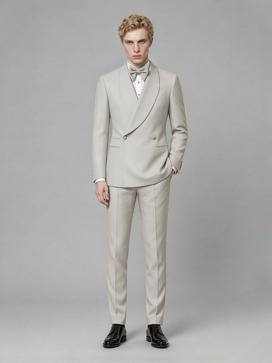 Men's Cream Single-Button Cream Satin Shawl Lapel Tuxedo Suit Set | Blazer & Trousers - Cream